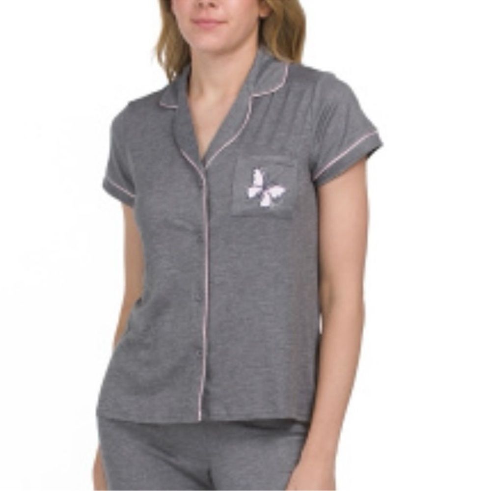 Life is Good L-XL Gray Pink Trim Notch Collar 2 pc Short Sleeve Top Pants PJ Set - Picture 3 of 16